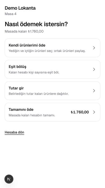 Adiyo demo uygulaması: Payını seç